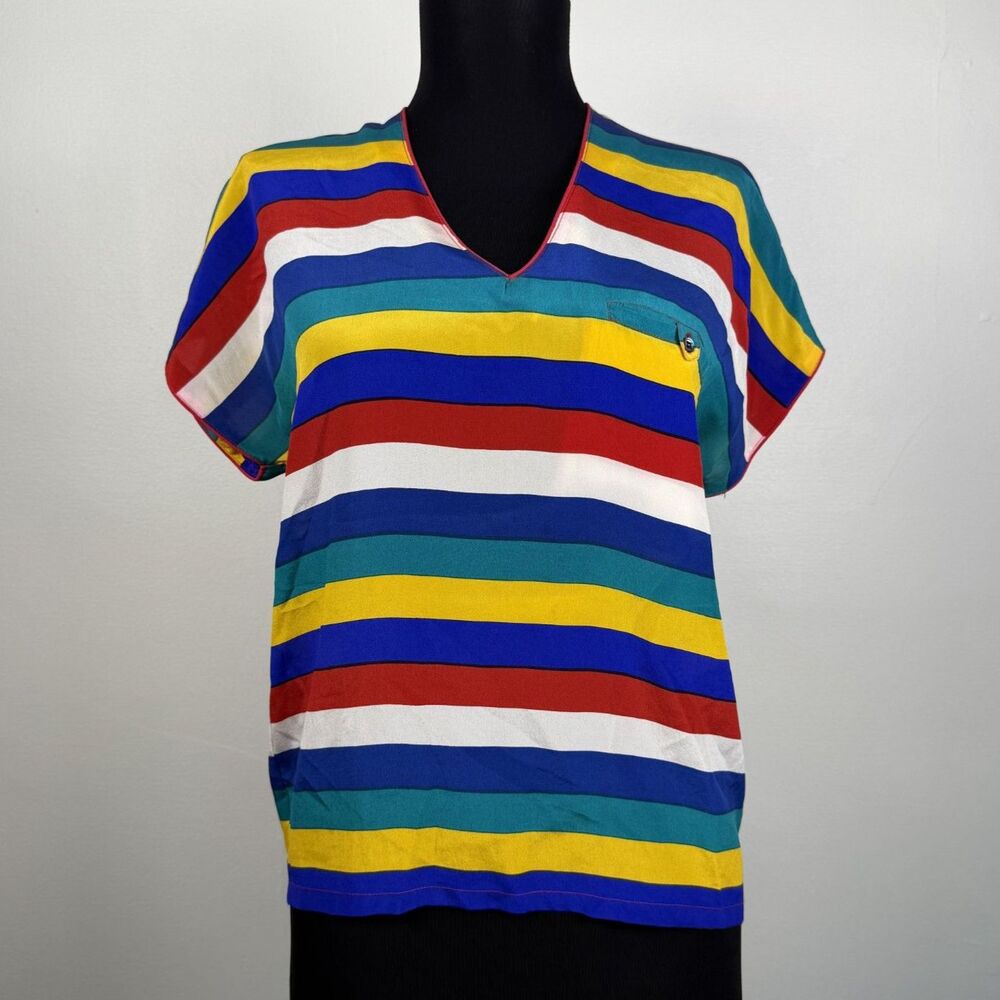 Vintage 80s Marc D'Alcy Paris Silk Blouse Horizontal Rainbow Stripe V-Neck Top